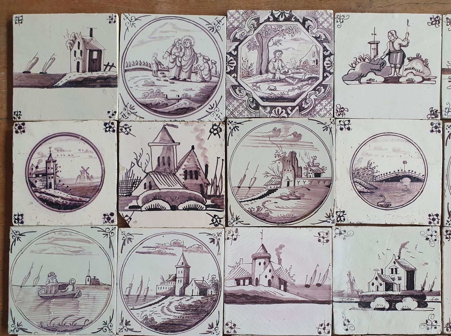 48 x Antique Delft Tiles, 18th Century Dutch  Scene mangaan landscapetile.