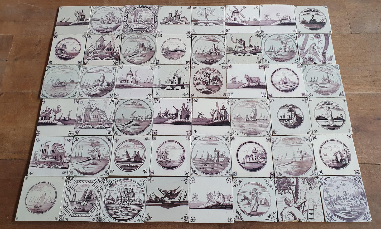 48 x Antique Delft Tiles, 18th Century Dutch  Scene mangaan landscapetile.