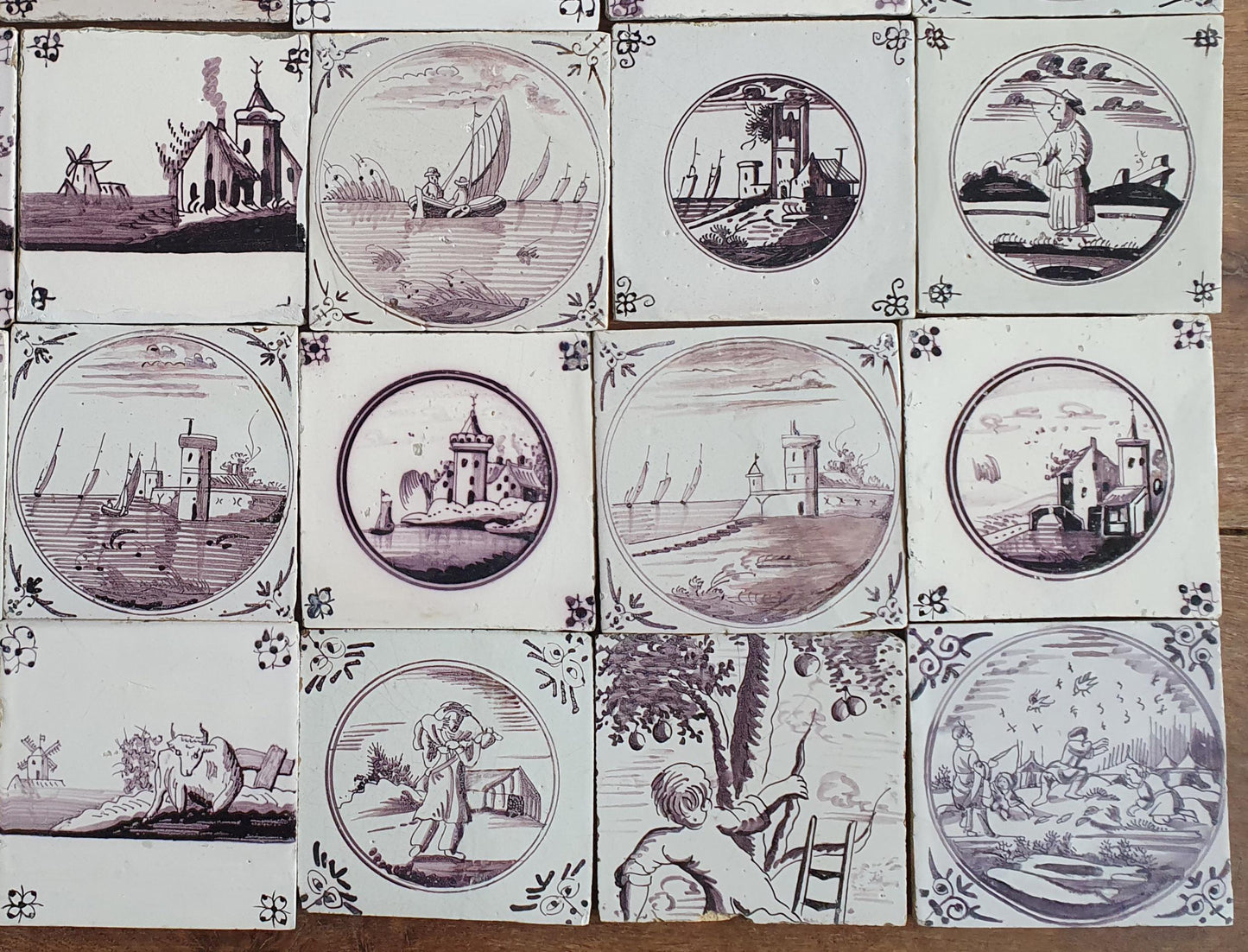 48 x Antique Delft Tiles, 18th Century Dutch  Scene mangaan landscapetile.