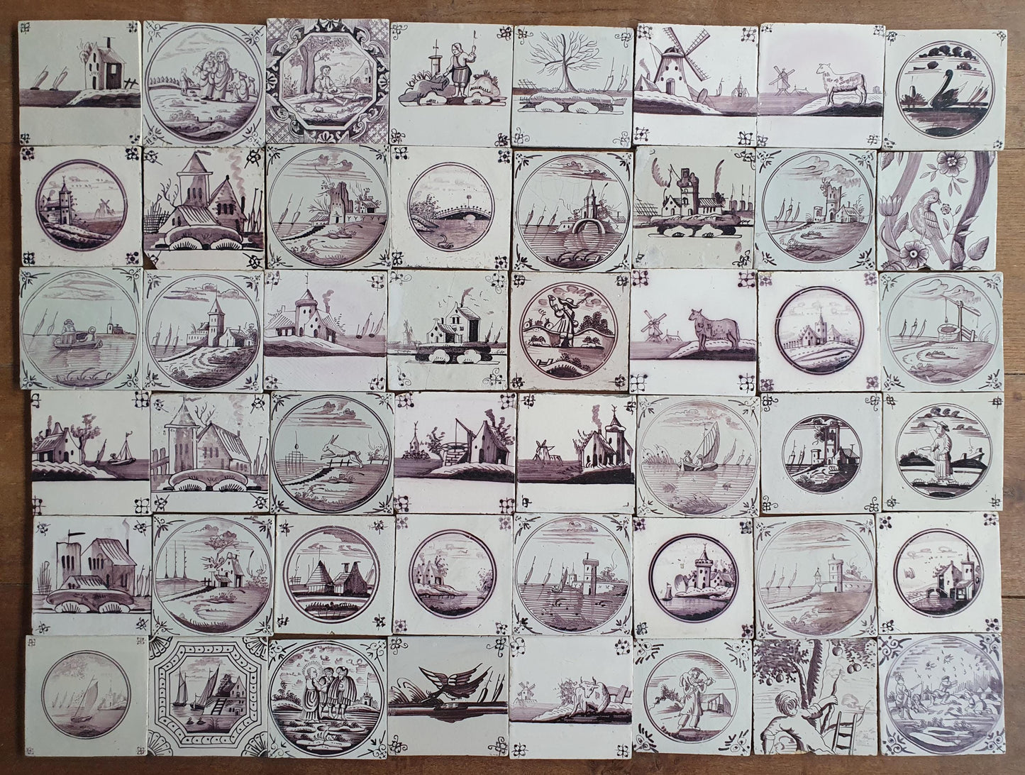 48 x Antique Delft Tiles, 18th Century Dutch  Scene mangaan landscapetile.