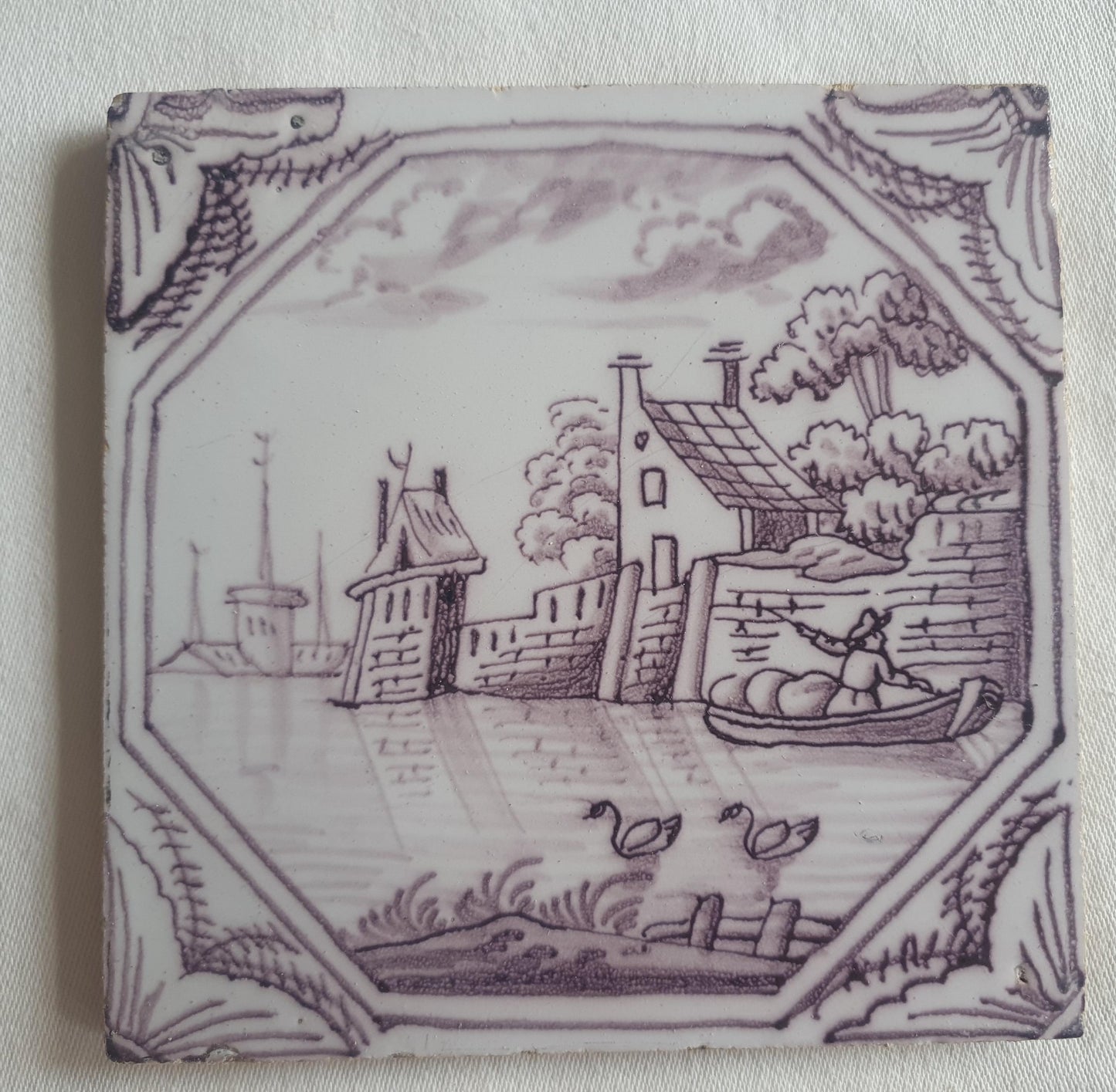 Delft tile, landscape 18th century (c. 1760) Dutch manganese tile . ( Landscape tile )