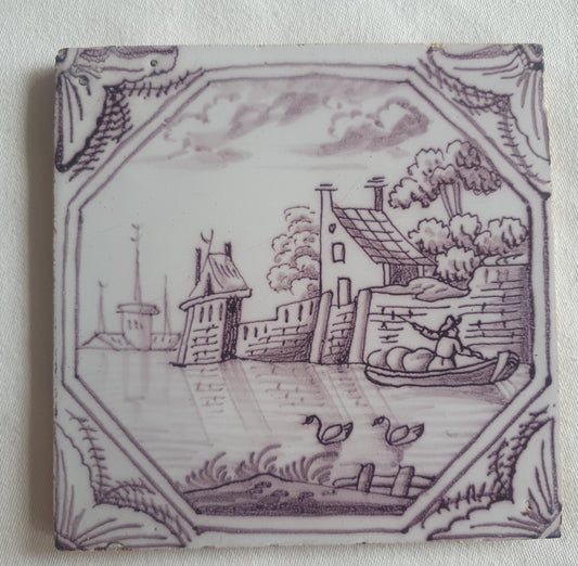 Delft tile, landscape 18th century (c. 1760) Dutch manganese tile . ( Landscape tile )