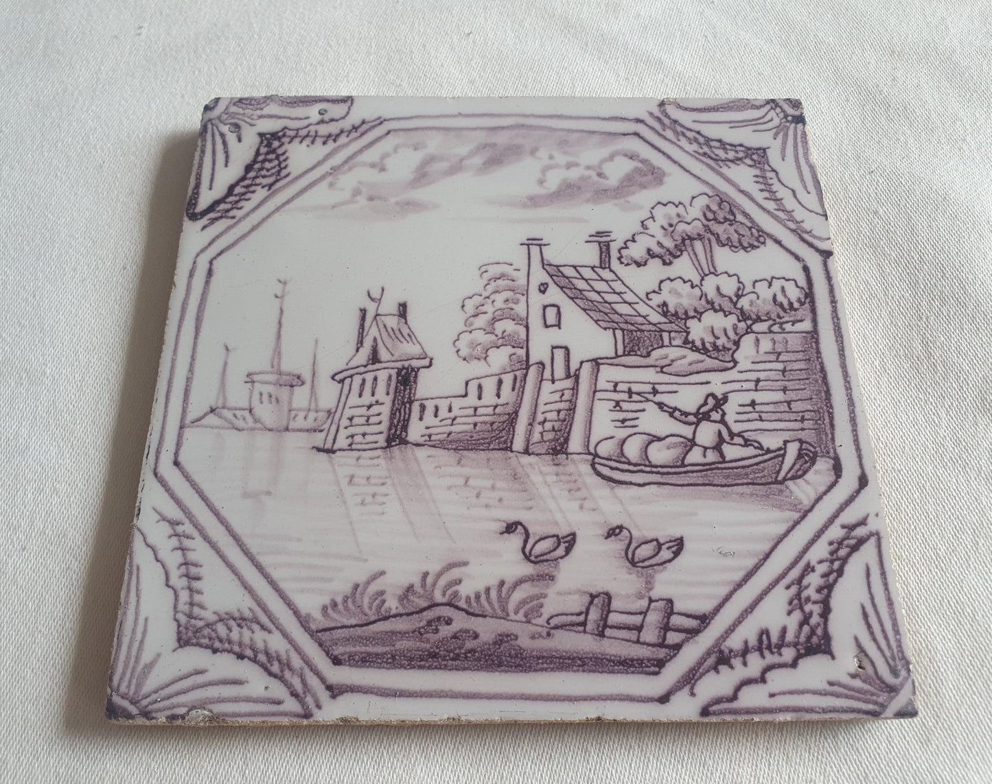 Delft tile, landscape 18th century (c. 1760) Dutch manganese tile . ( Landscape tile )