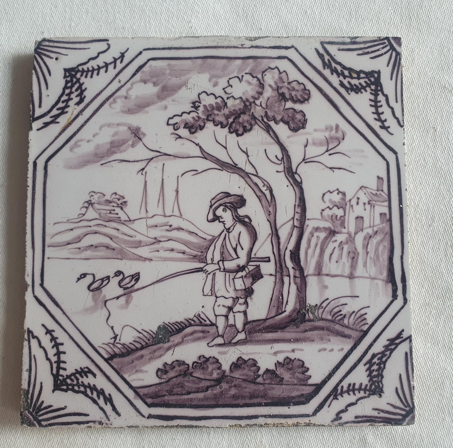 Delft tile, Fisherman 18th century (c. 1760) Dutch manganese tile . ( figuretile )