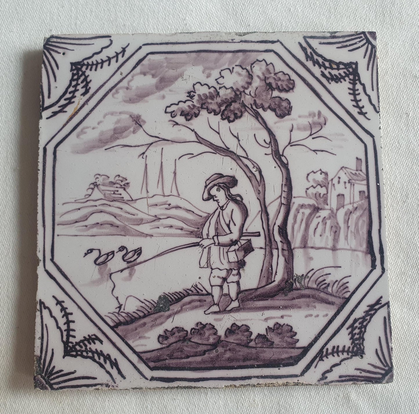 Delft tile, Fisherman 18th century (c. 1760) Dutch manganese tile . ( figuretile )