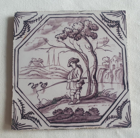 Delft tile, Fisherman 18th century (c. 1760) Dutch manganese tile . ( figuretile )