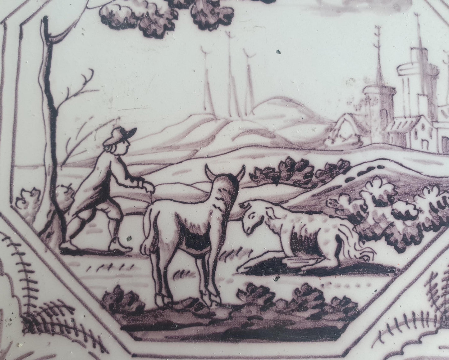 Delft tile, man and two animals 18th century (c. 1760) Dutchmanganese tile . ( Animal tile )
