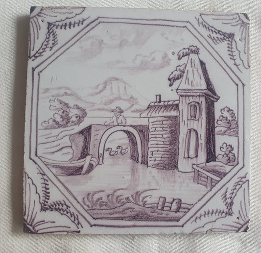 Delft tile, landscape 18th century (c. 1760) Dutch manganese tile . ( Landscape tile )