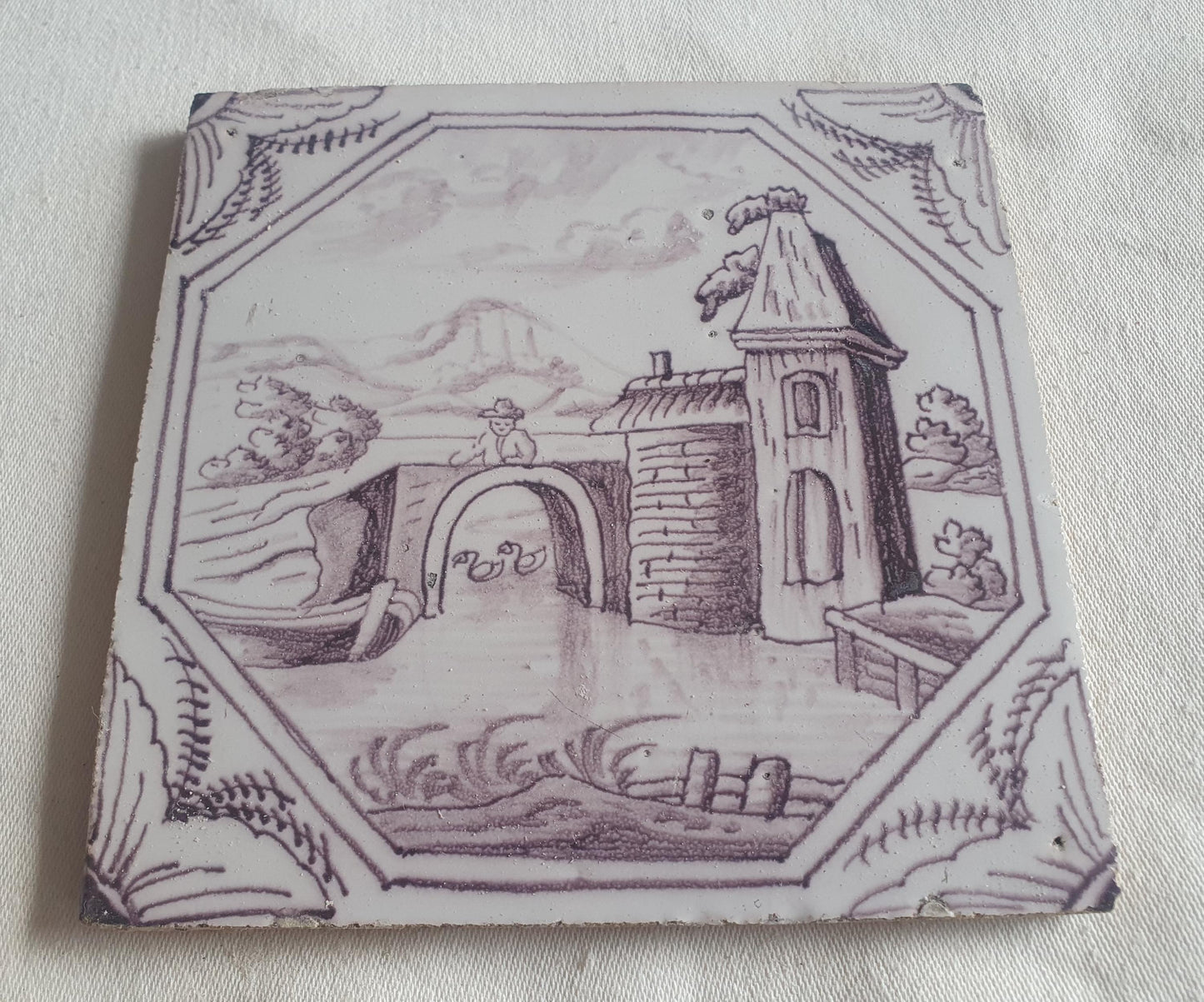 Delft tile, landscape 18th century (c. 1760) Dutch manganese tile . ( Landscape tile )