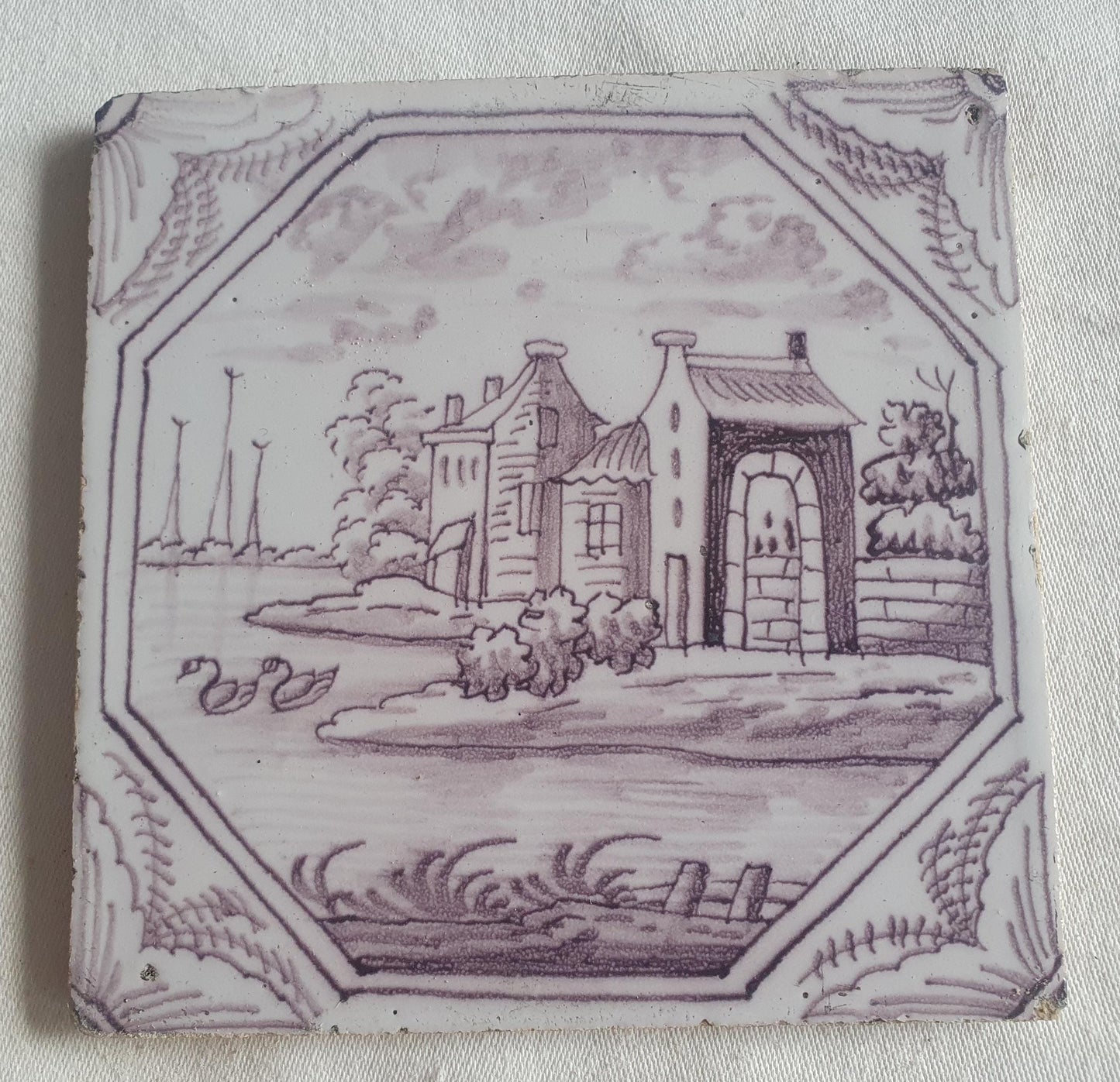 Delft tile, landscape 18th century (c. 1760) Dutch manganese tile . ( Landscape tile )