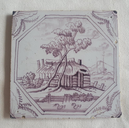 Delft tile, landscape 18th century (c. 1760) Dutch manganese tile . ( Landscape tile )