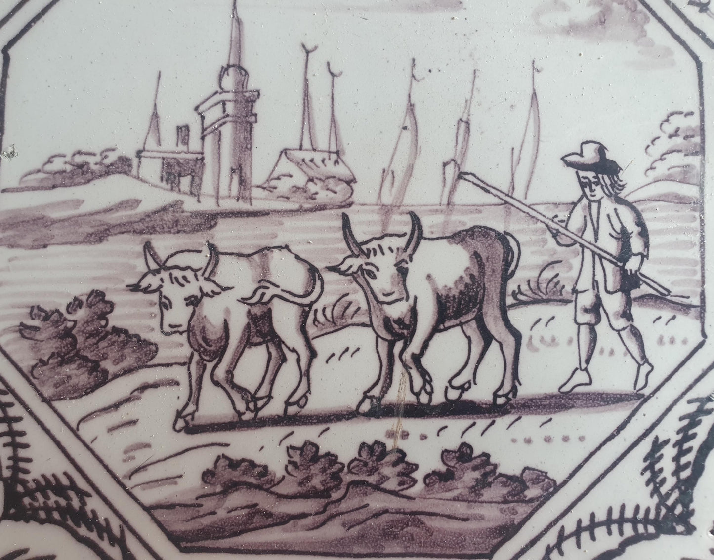 Delft tile, man and two animals 18th century (c. 1760) Dutchmanganese tile . ( Animal tile )