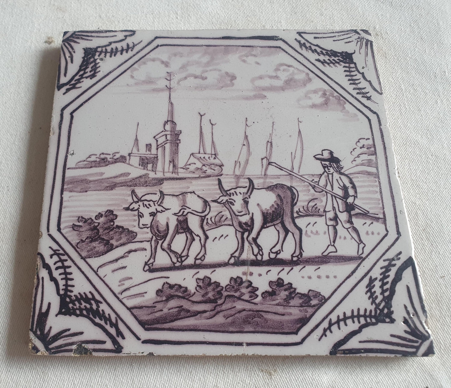 Delft tile, man and two animals 18th century (c. 1760) Dutchmanganese tile . ( Animal tile )