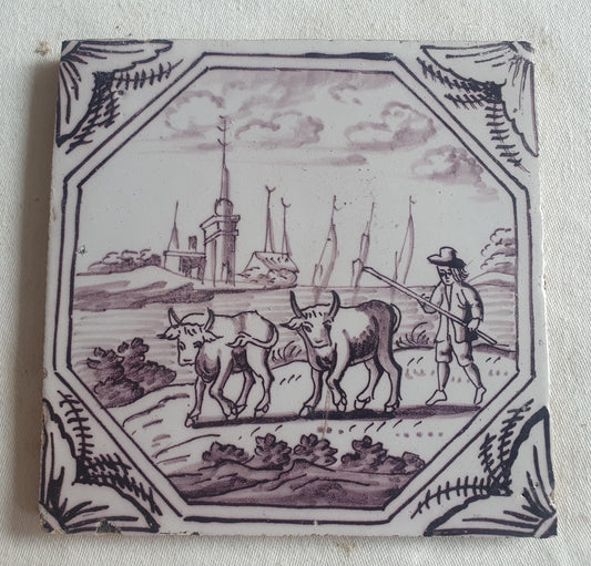 Delft tile, man and two animals 18th century (c. 1760) Dutchmanganese tile . ( Animal tile )