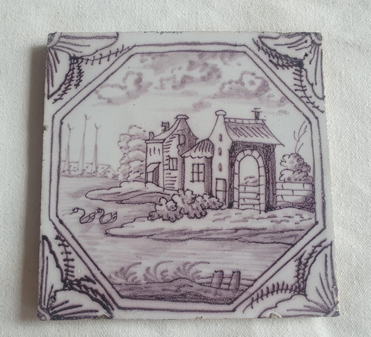 Delft tile, landscape 18th century (c. 1760) Dutch manganese tile . ( Landscape tile )