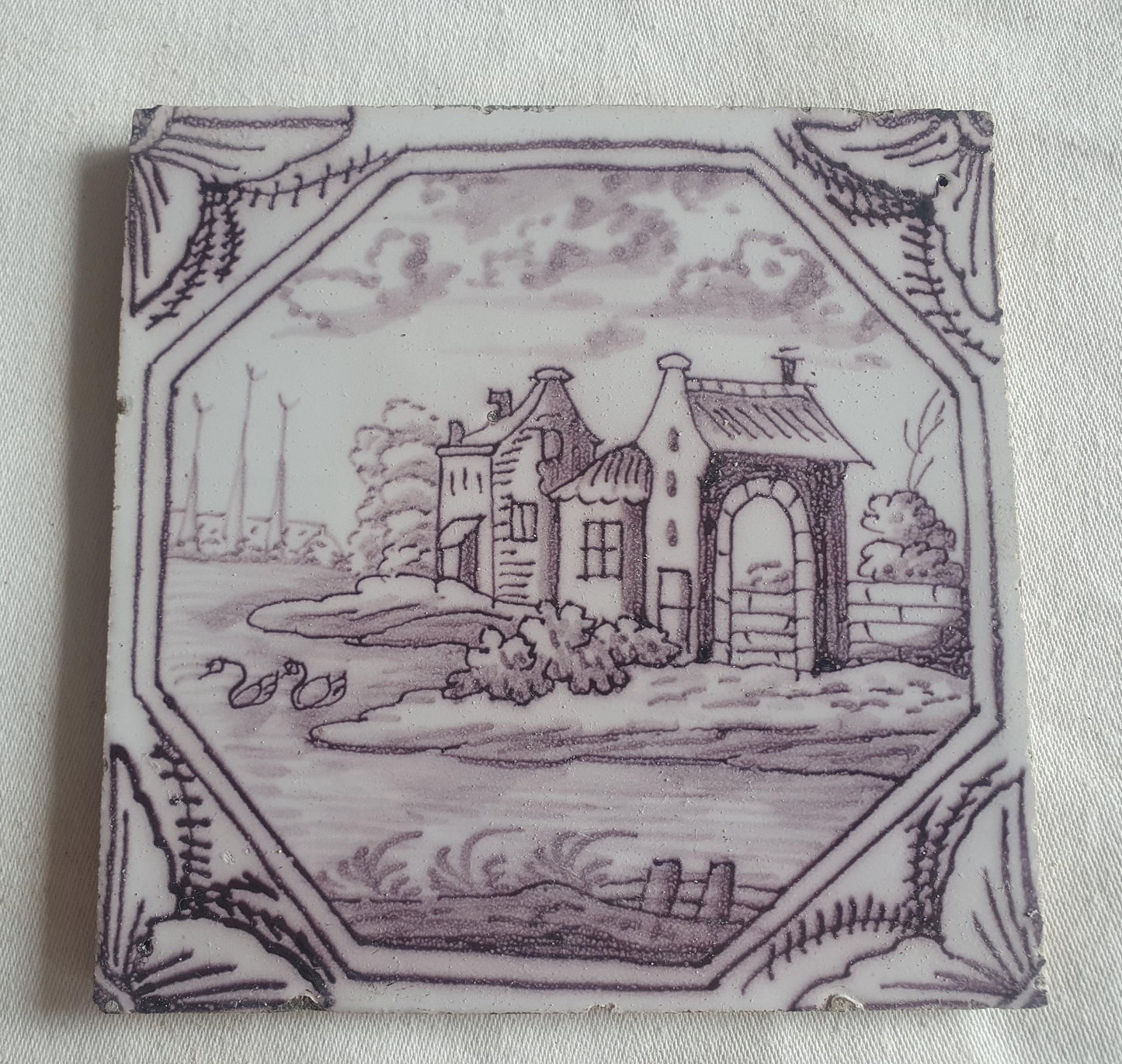 Delft tile, landscape 18th century (c. 1760) Dutch manganese tile . ( Landscape tile )