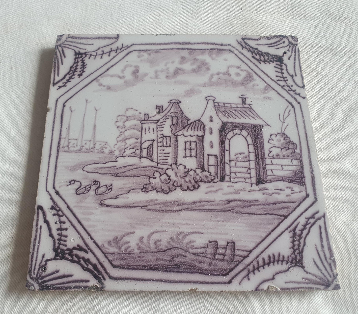 Delft tile, landscape 18th century (c. 1760) Dutch manganese tile . ( Landscape tile )