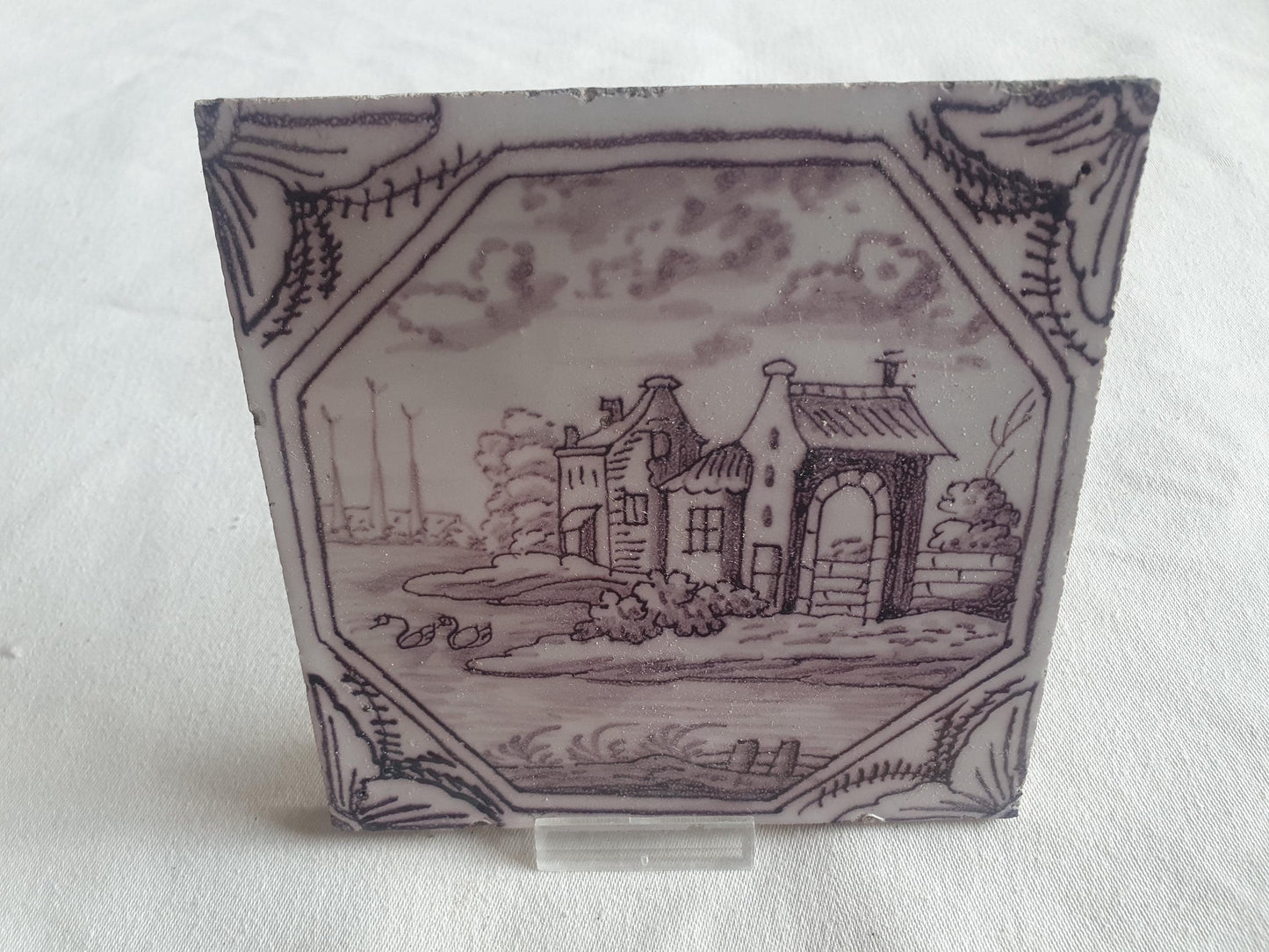 Delft tile, landscape 18th century (c. 1760) Dutch manganese tile . ( Landscape tile )