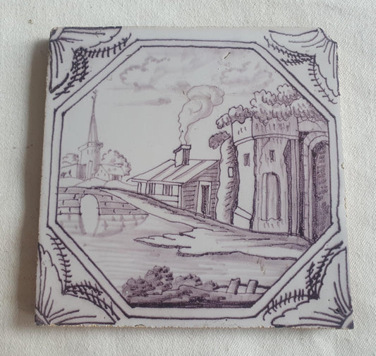 Delft tile, landscape 18th century (c. 1760) Dutch manganese tile . ( Landscape tile )