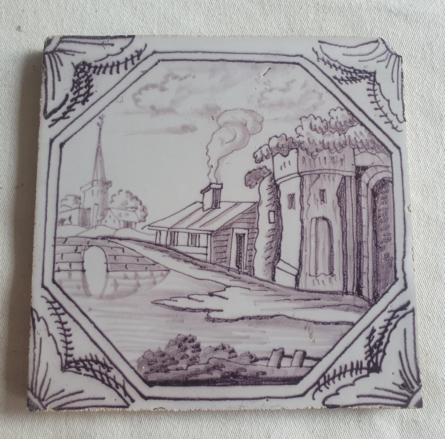 Delft tile, landscape 18th century (c. 1760) Dutch manganese tile . ( Landscape tile )