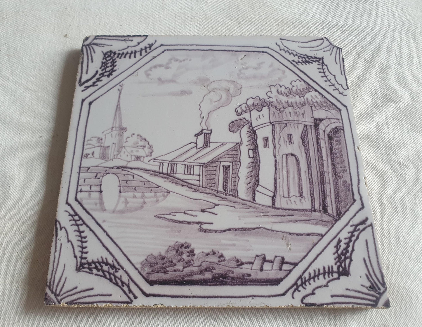 Delft tile, landscape 18th century (c. 1760) Dutch manganese tile . ( Landscape tile )