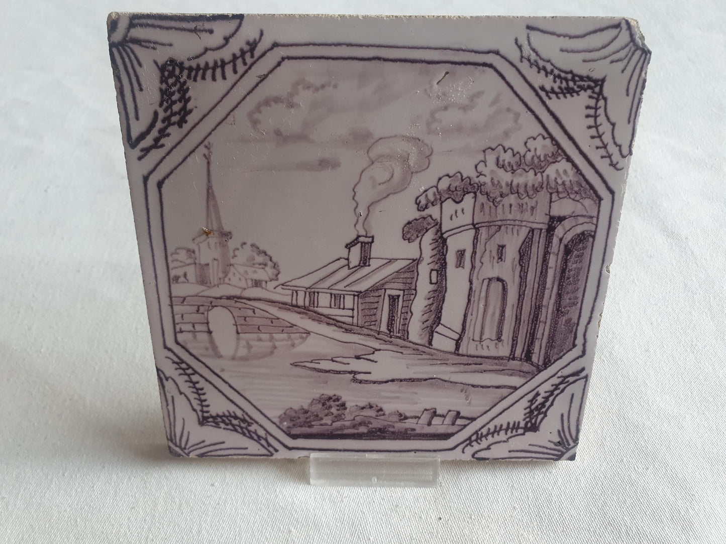 Delft tile, landscape 18th century (c. 1760) Dutch manganese tile . ( Landscape tile )