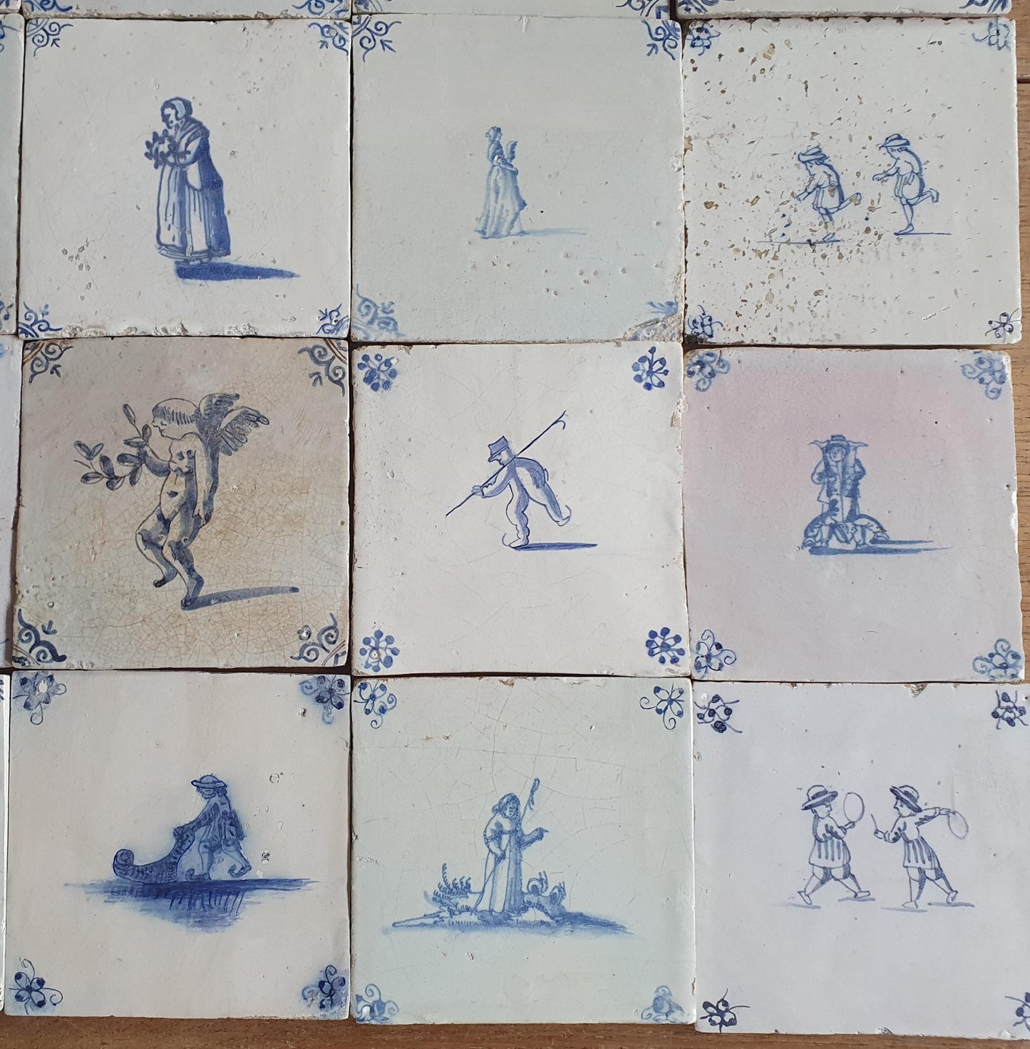 20 x Antique Delft Tiles, 17-18 th Century Dutch figuretile.
