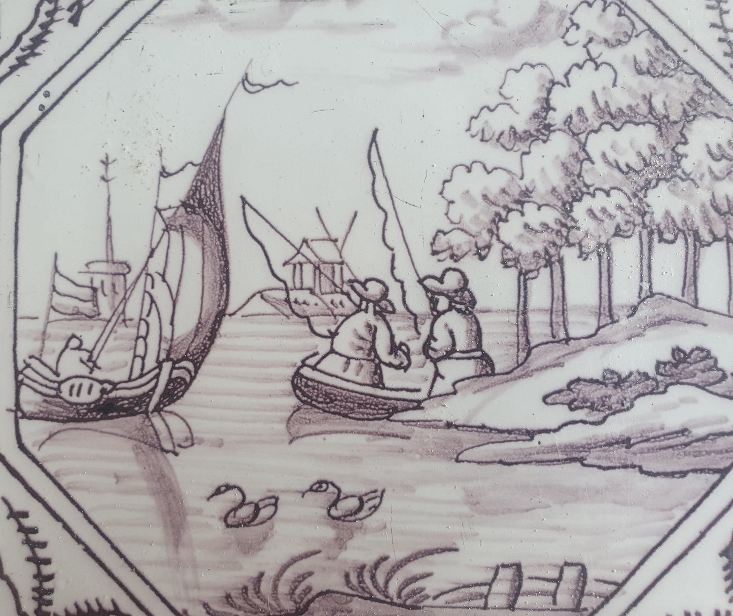Delft tile, man and two Fishermen 18th century (c. 1760) Dutchmanganese tile . ( Animal tile )