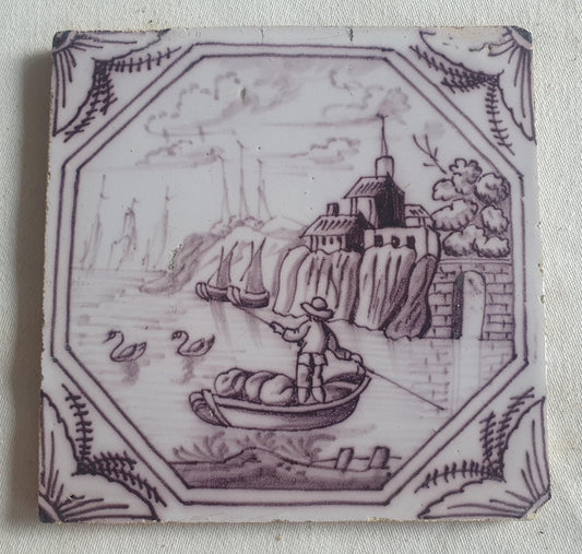 Delft tile, landscape 18th century (c. 1760) Dutch manganese tile . ( Landscape tile )
