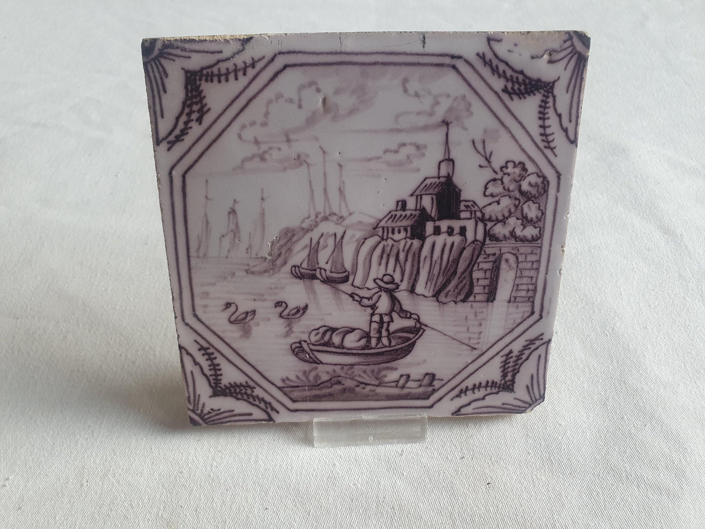 Delft tile, landscape 18th century (c. 1760) Dutch manganese tile . ( Landscape tile )