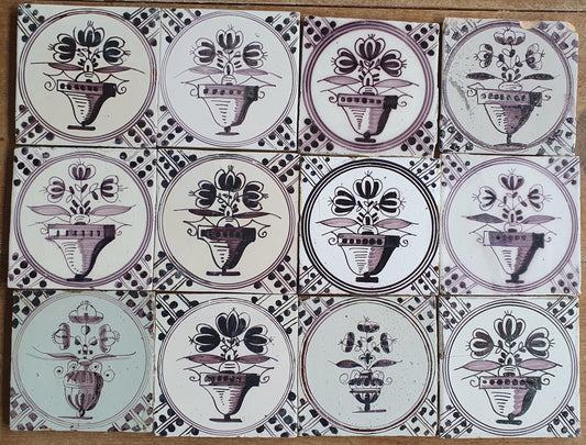 12 x Antique Delft flowers Tiles, 17th Century Dutch Wall Decor. planttile