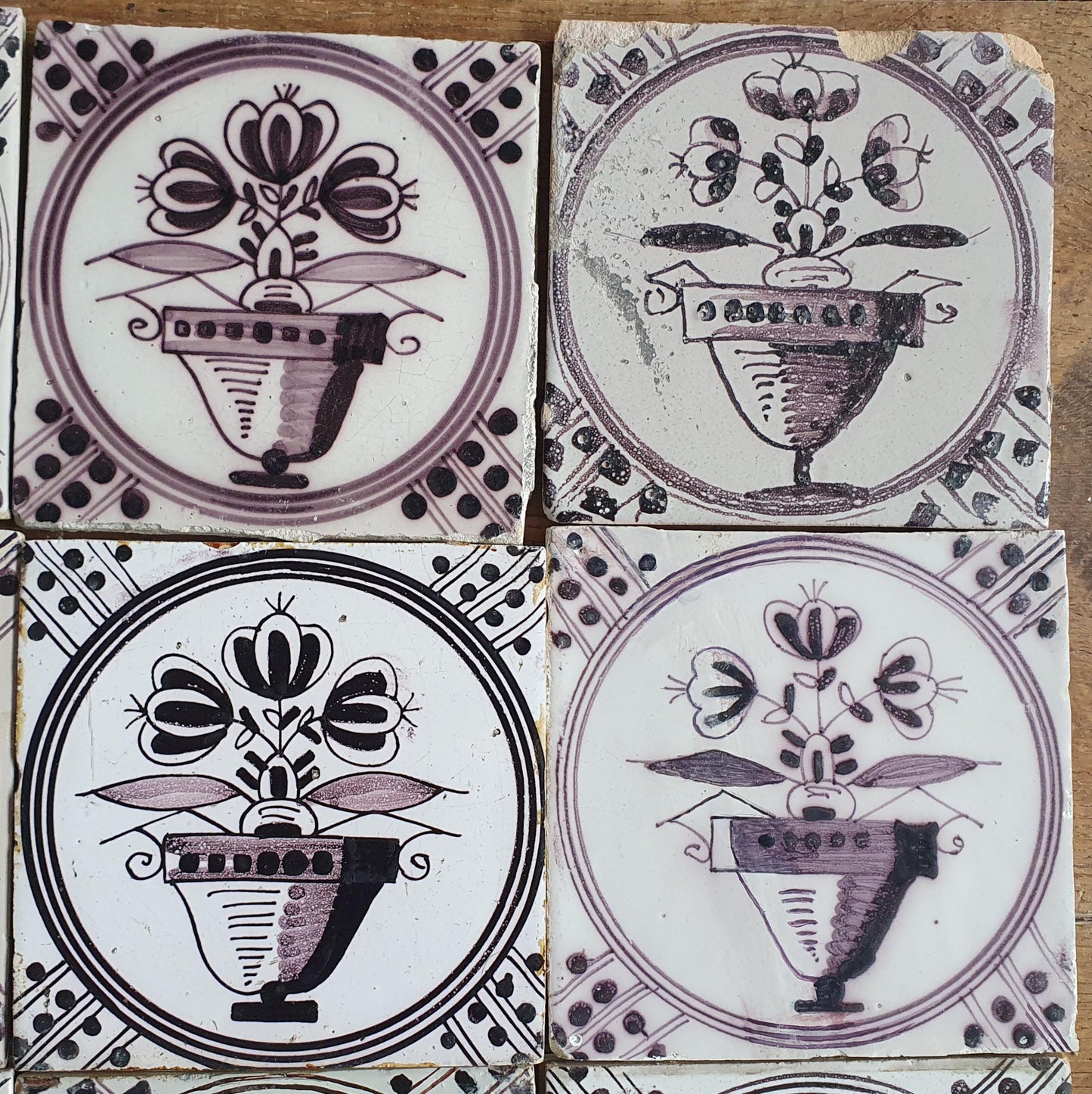 12 x Antique Delft flowers Tiles, 17th Century Dutch Wall Decor. planttile