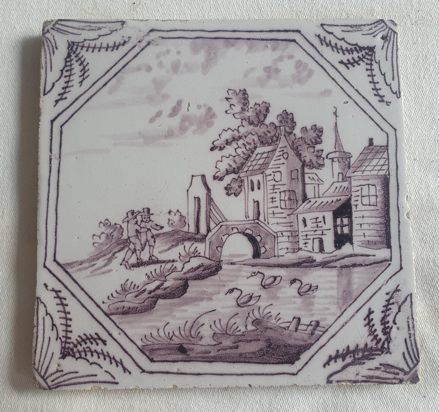 Delft tile, landscape 18th century (c. 1760) Dutch manganese tile . ( Landscape tile )