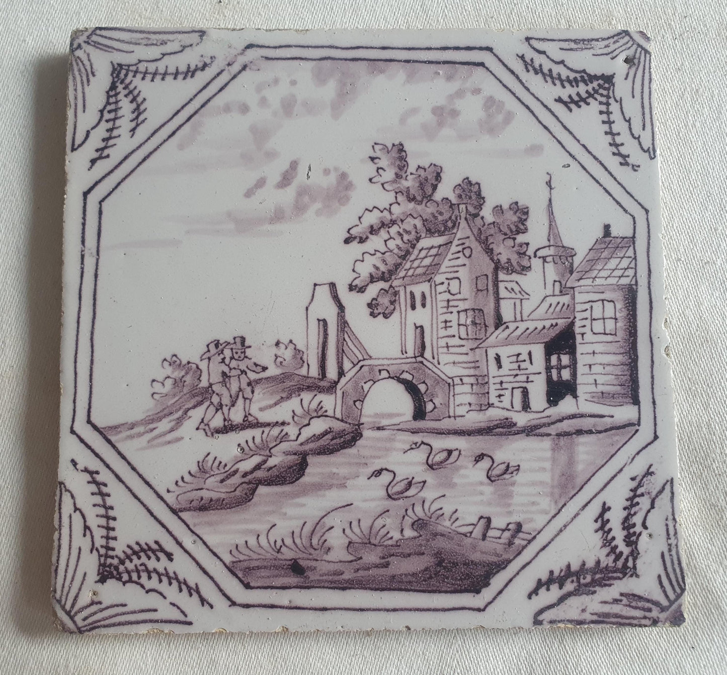 Delft tile, landscape 18th century (c. 1760) Dutch manganese tile . ( Landscape tile )