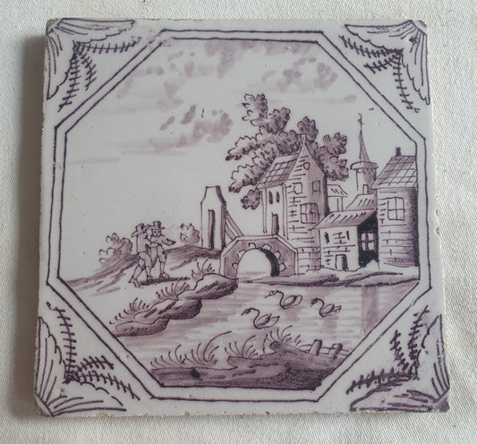Delft tile, landscape 18th century (c. 1760) Dutch manganese tile . ( Landscape tile )