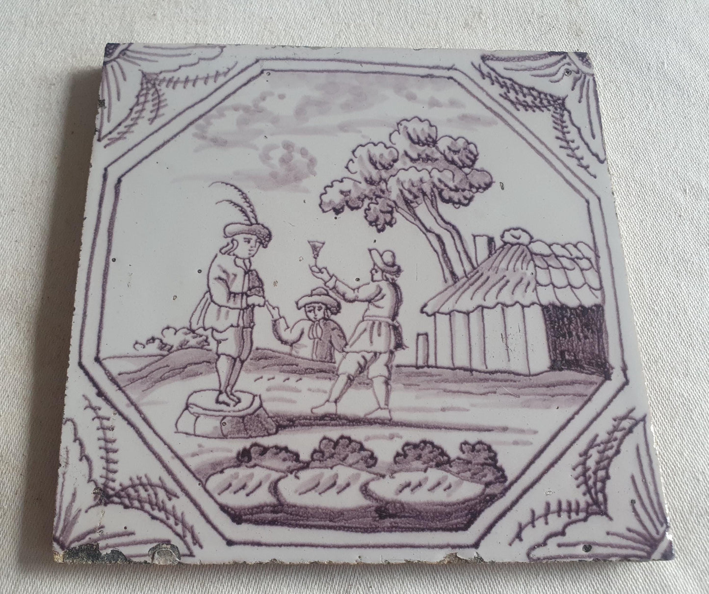 Delft tile, Drinkers, 18th century (c. 1760) Dutch manganese tile . ( figuretile )