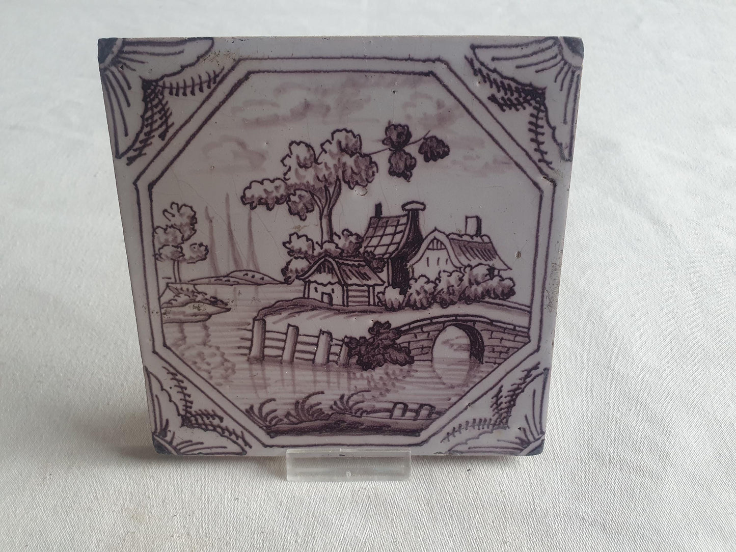 Delft tile, landscape 18th century (c. 1760) Dutch manganese tile . ( Landscape tile )