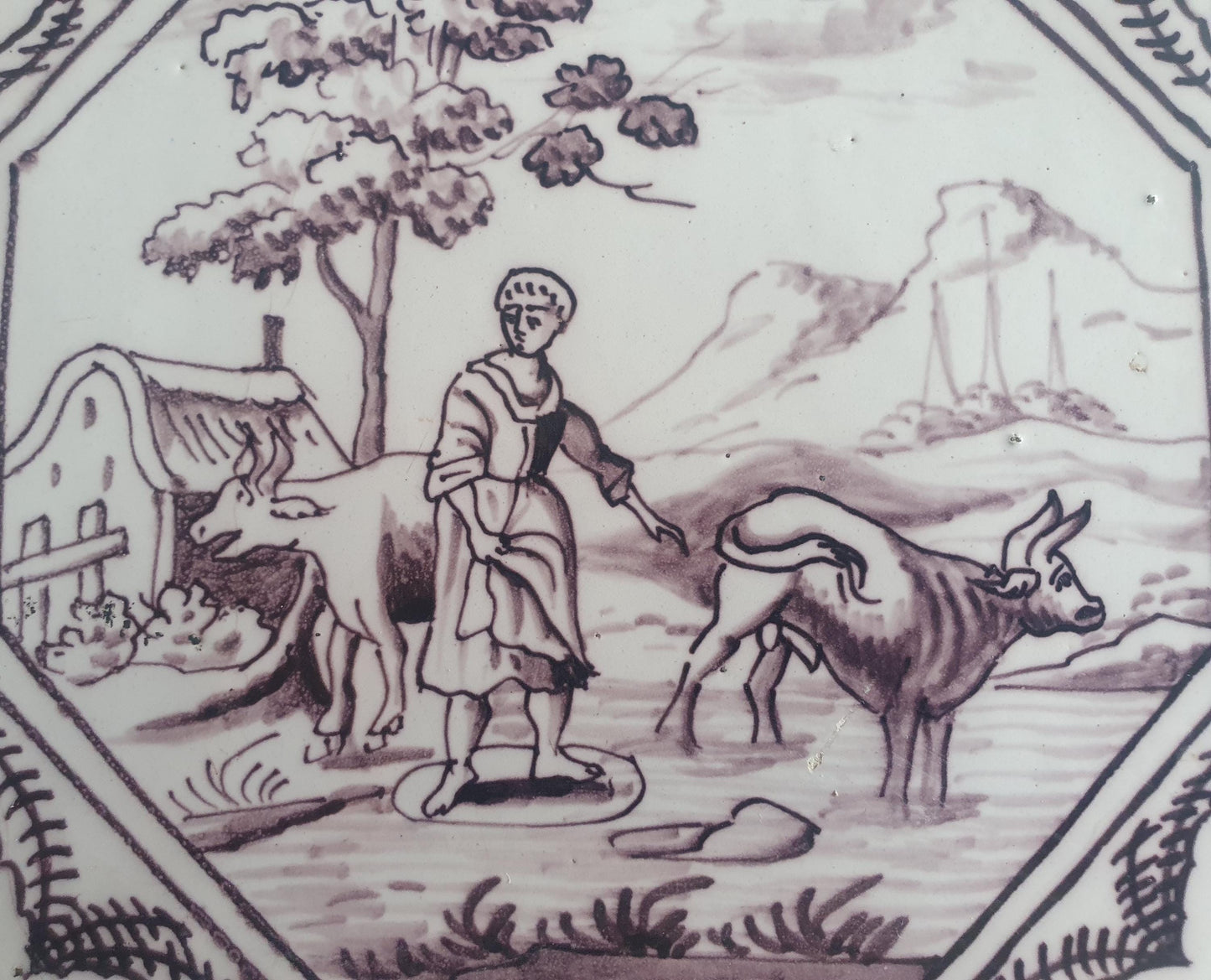 Delft tile, woman with two cows 18th century (c. 1760) Dutchmanganese tile . ( Animal tile )