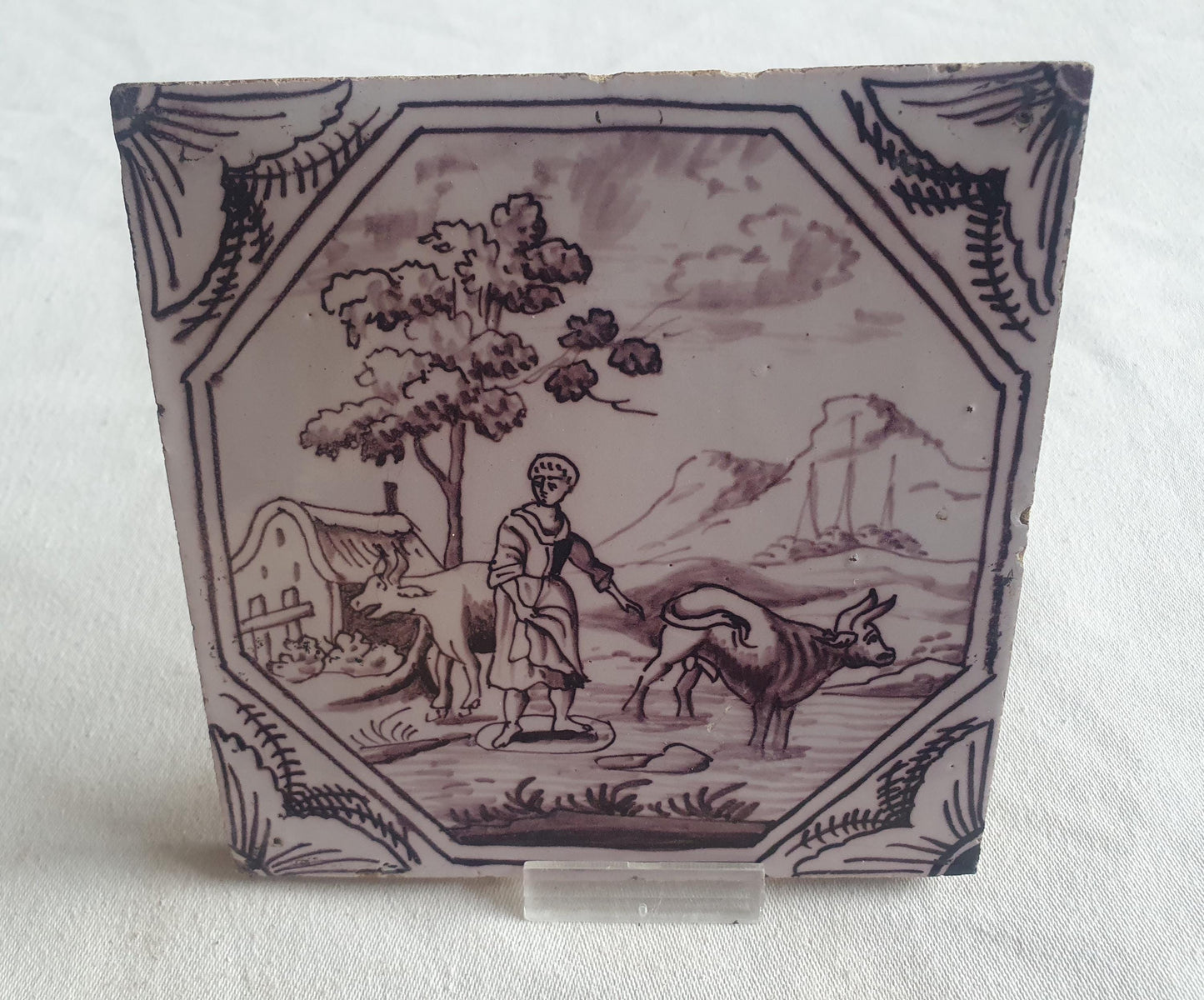 Delft tile, woman with two cows 18th century (c. 1760) Dutchmanganese tile . ( Animal tile )