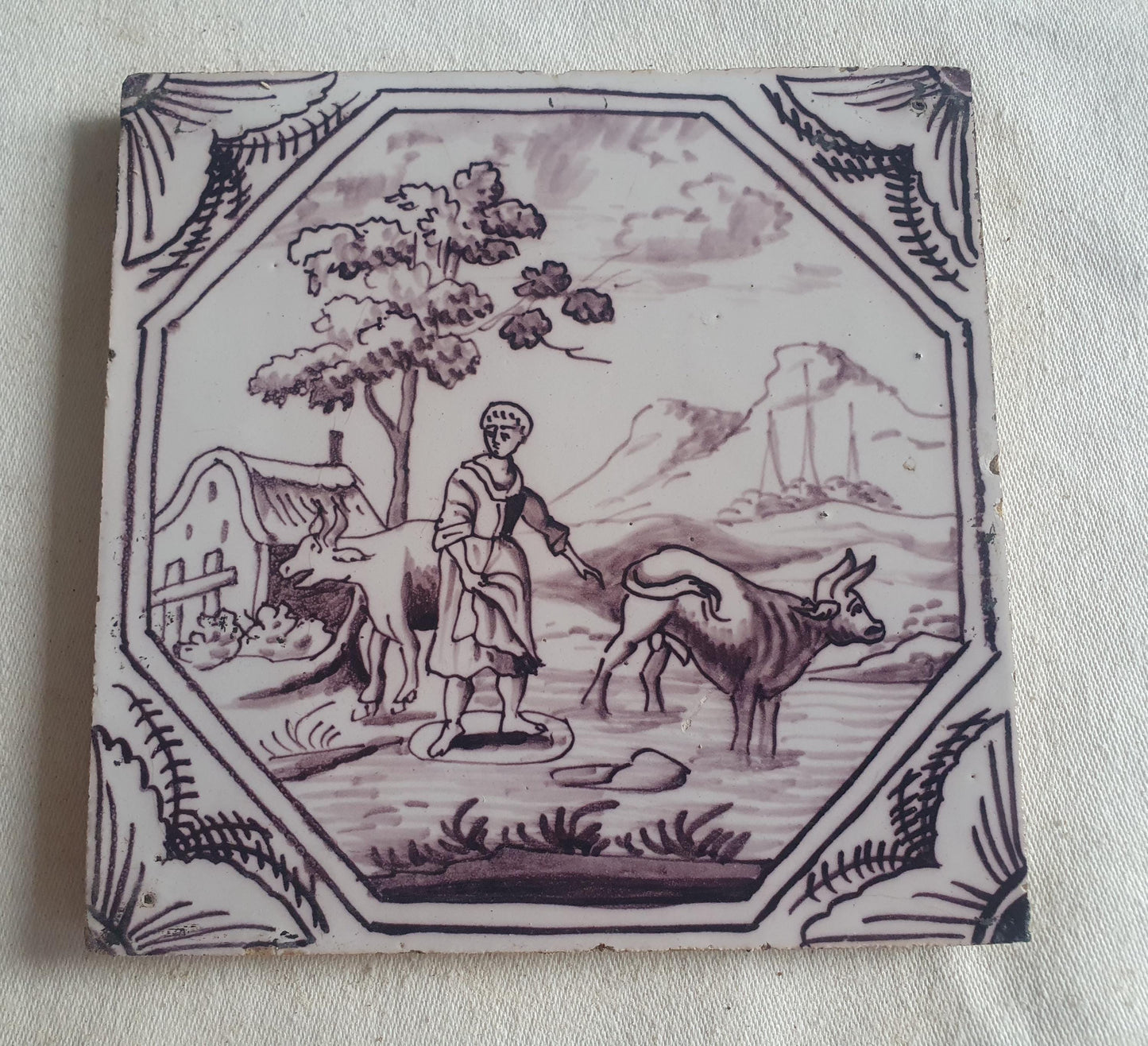 Delft tile, woman with two cows 18th century (c. 1760) Dutchmanganese tile . ( Animal tile )
