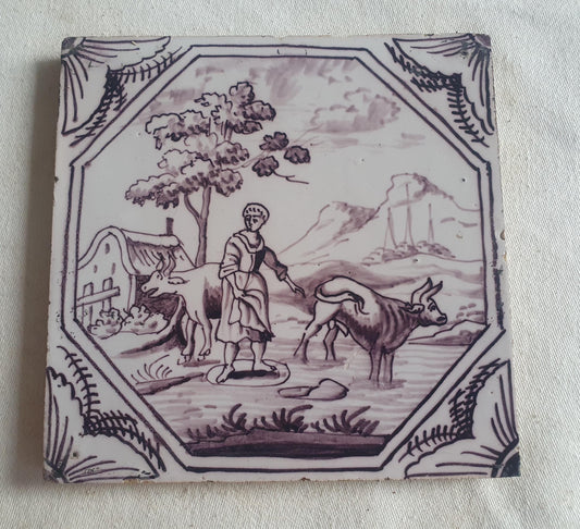 Delft tile, woman with two cows 18th century (c. 1760) Dutchmanganese tile . ( Animal tile )