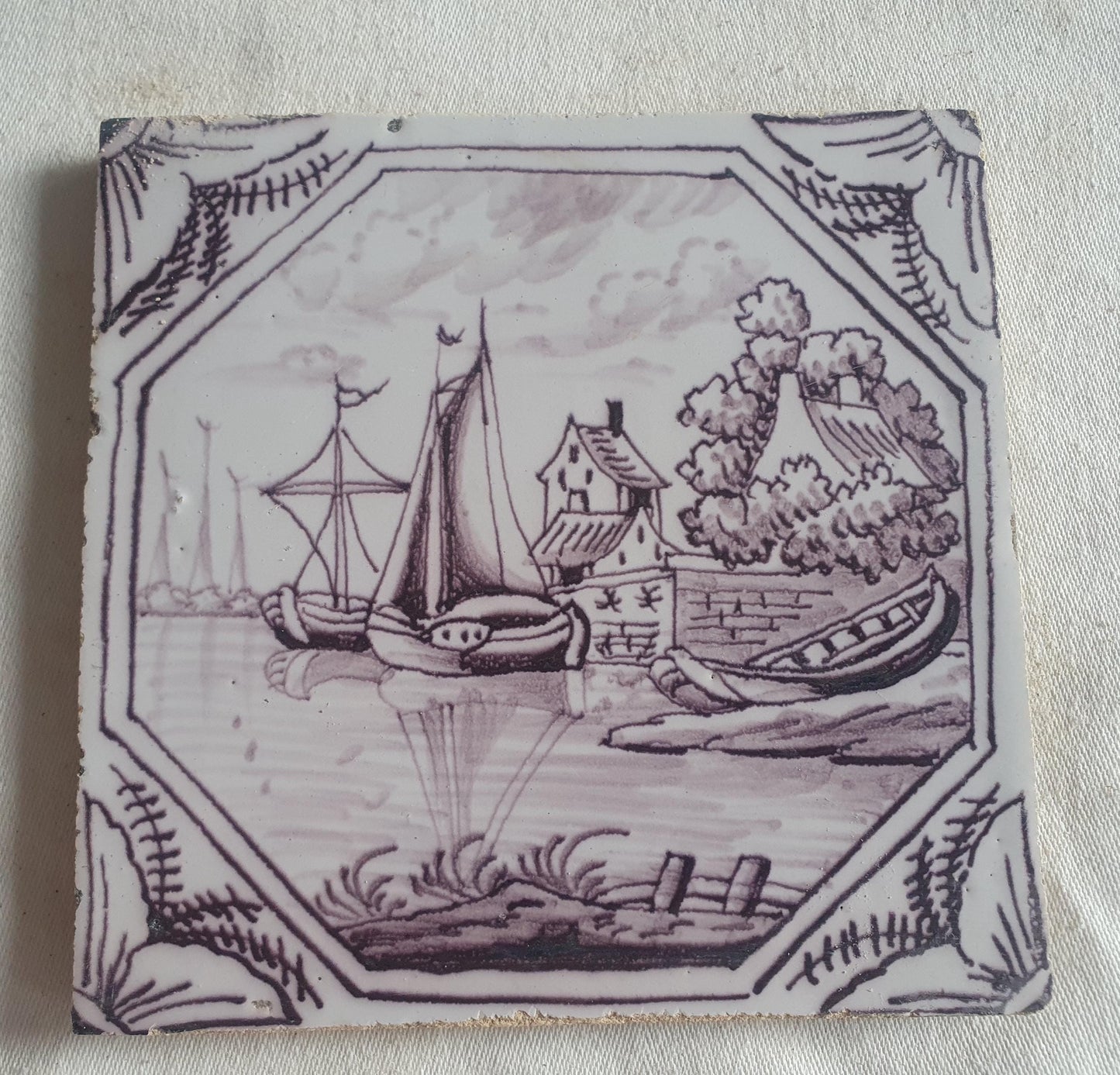 Delft tile, landscape 18th century (c. 1760) Dutch manganese tile . ( Landscape tile )