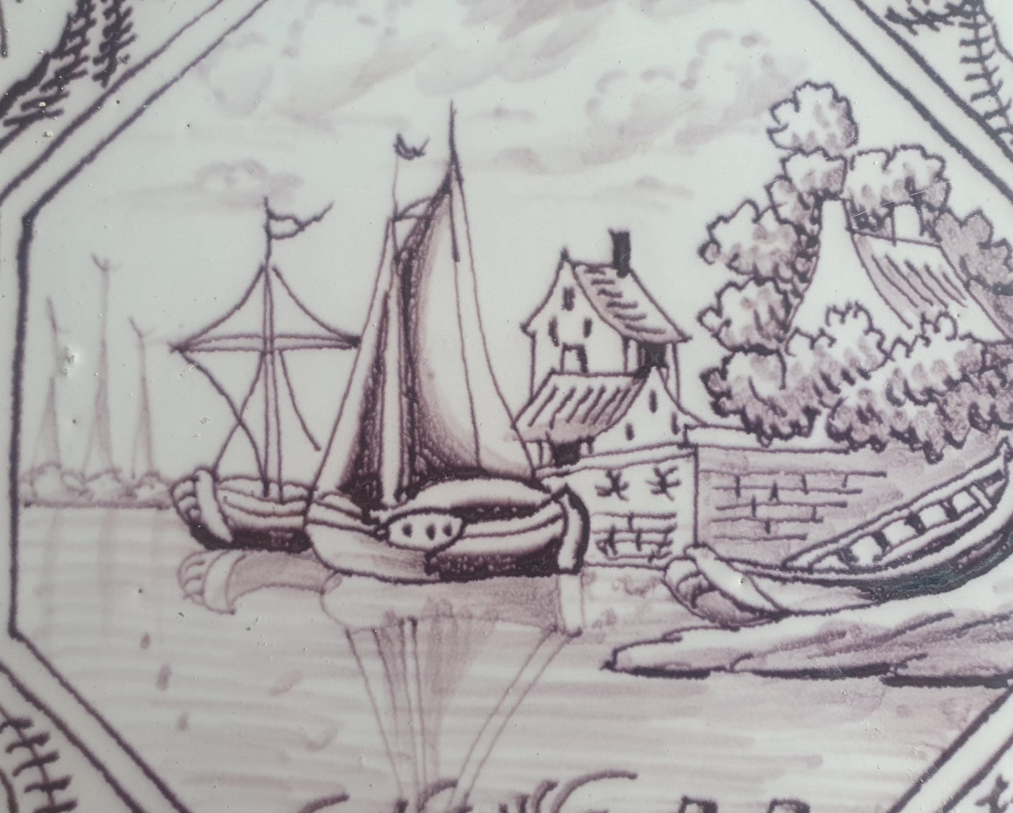 Delft tile, landscape 18th century (c. 1760) Dutch manganese tile . ( Landscape tile )