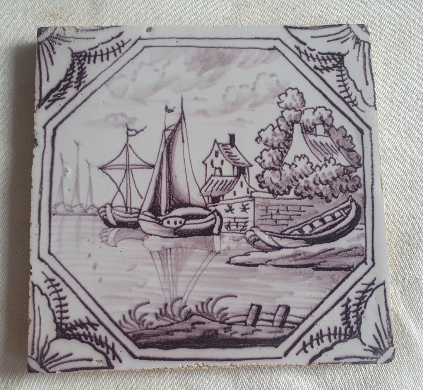 Delft tile, landscape 18th century (c. 1760) Dutch manganese tile . ( Landscape tile )