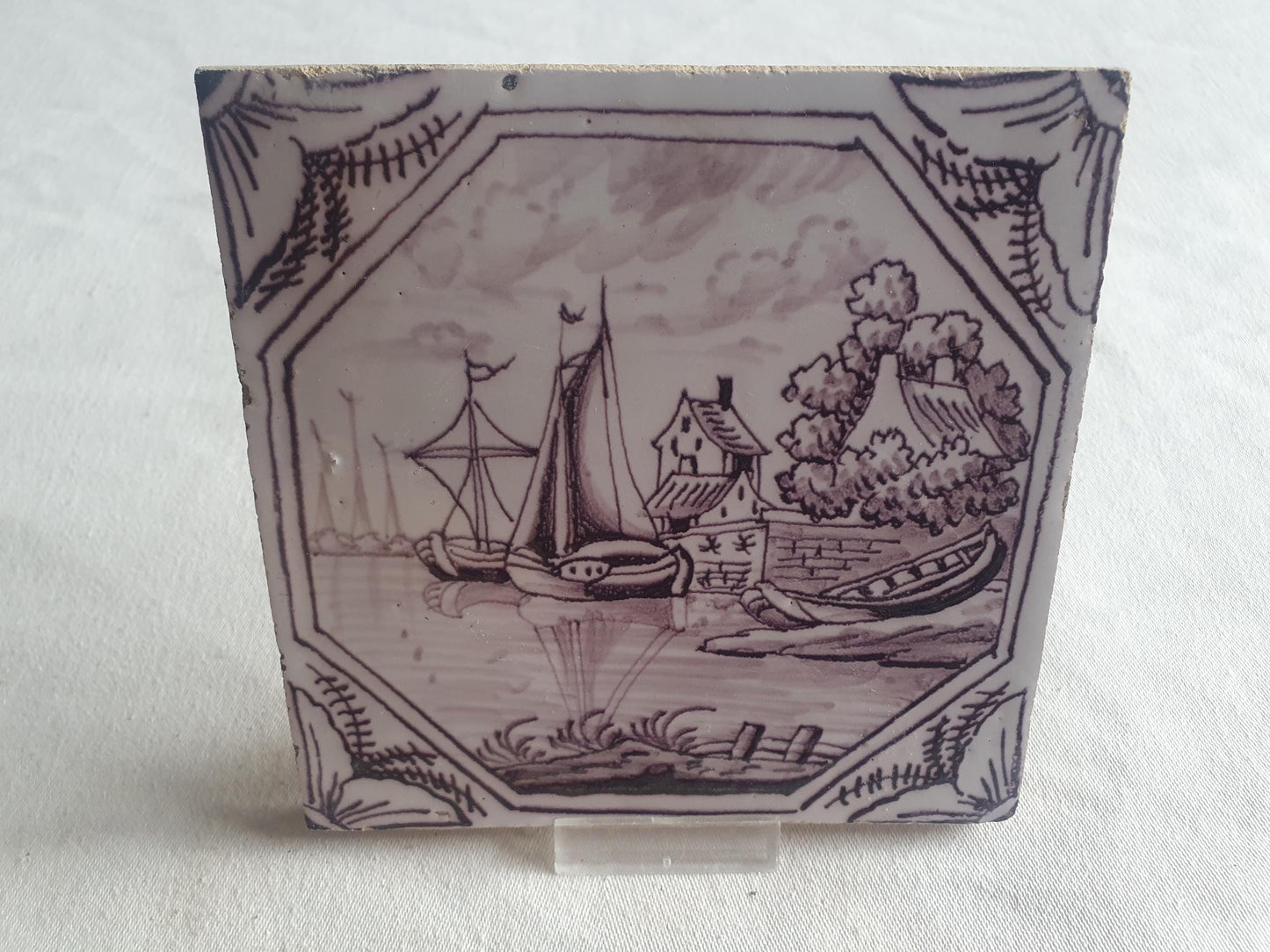 Delft tile, landscape 18th century (c. 1760) Dutch manganese tile . ( Landscape tile )