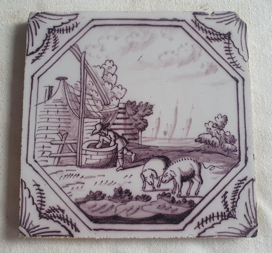 Delft tile, man and two pigs 18th century (c. 1760) Dutchmanganese tile . ( Animal tile )