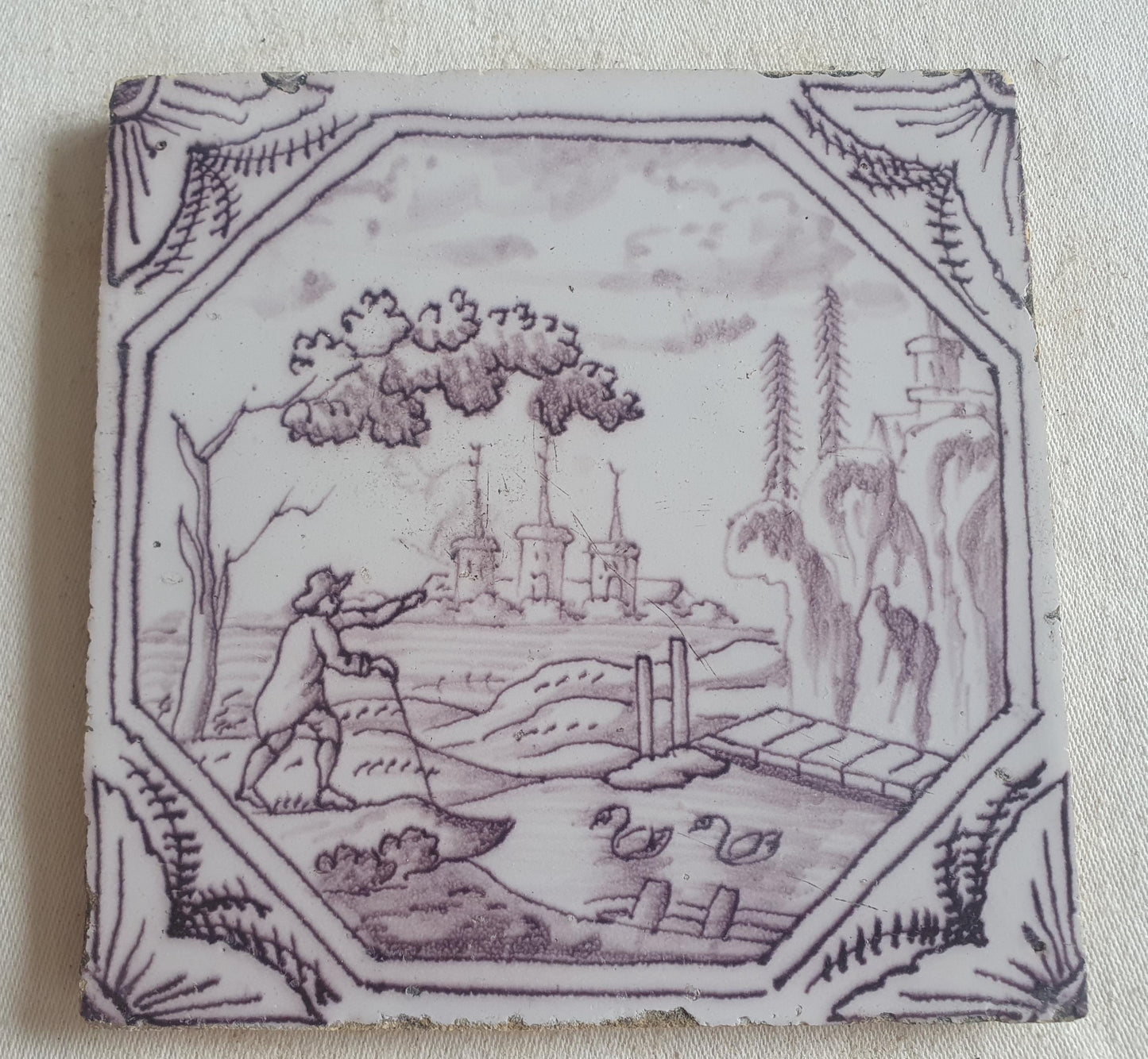 Delft tile, landscape 18th century (c. 1760) Dutch manganese tile . ( Landscape tile )
