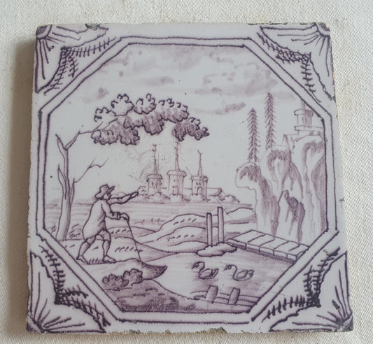 Delft tile, landscape 18th century (c. 1760) Dutch manganese tile . ( Landscape tile )