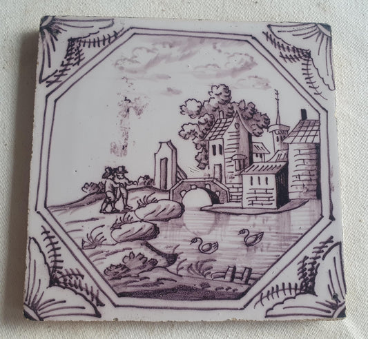 Delft tile, landscape 18th century (c. 1760) Dutch manganese tile . ( Landscape tile )