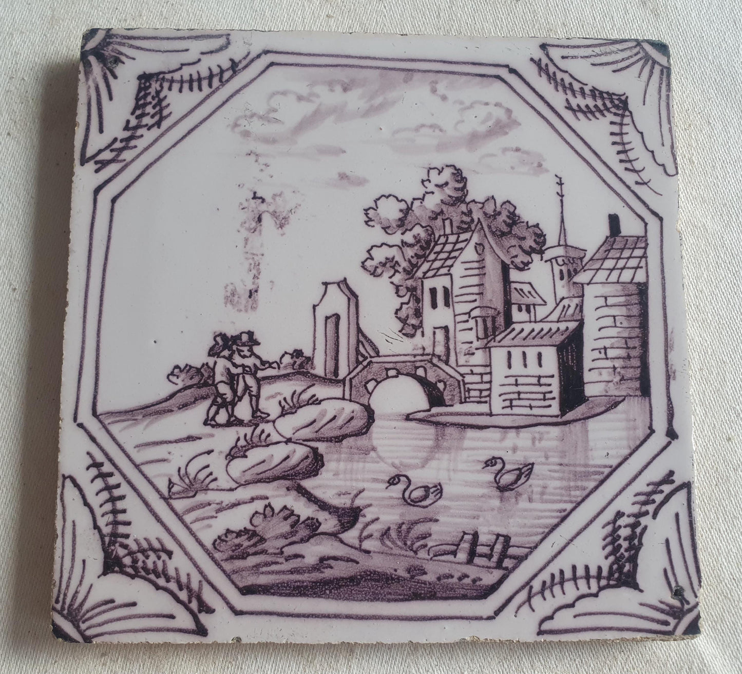 Delft tile, landscape 18th century (c. 1760) Dutch manganese tile . ( Landscape tile )